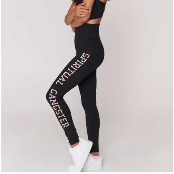 NWT Spiritual Gangster Black Rainbow High Rise Leggings with Colorful Logo - Picture 1 of 8